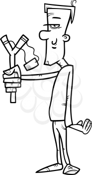 Black and White Cartoon Illustration of Hooligan or Rascal with Slingshot for Coloring Book
