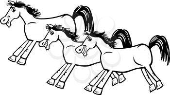 Black and White Cartoon Illustration of Funny Galloping Horses or Mustangs for Coloring Book