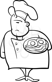 Black and White Cartoon Illustration of Funny English Chef or Cook with Bacon and Eggs for Coloring Book