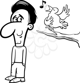 Black and White Cartoon Illustration of Happy Man Character Listening to Singing Bird for Coloring Book