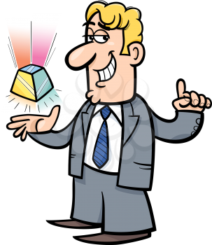 Cartoon Illustration of Man or Businessman Doing a Presentation of New Technology Gadget
