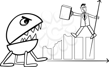 Black and White Concept Cartoon Illustration of Businessman Fighting with Recession Monster