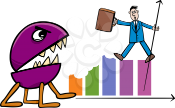 Concept Cartoon Illustration of Businessman Fighting with Recession Monster