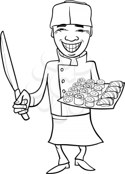 Black and White Cartoon Illustration of Funny Japan Sushi Chef for Coloring Book