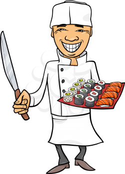Cartoon Illustration of Funny Japan Sushi Chef
