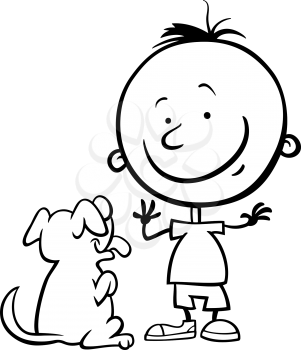Black and White Cartoon Illustration of Cute Little Boy with Dog or Puppy for Coloring Book