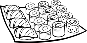 Black and White Cartoon Illustration of Sushi Meal Food Objects for Coloring Book
