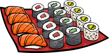 Cartoon Illustration of Sushi Meal Food Objects