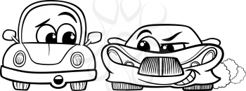 Black and White Cartoon Illustration of Malicious Sports Car and Retro Automobile for Coloring Book