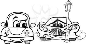 Black and White Cartoon Illustration of Crashed Sports Car and Retro Automobile for Coloring Book