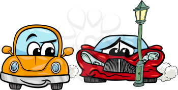 Cartoon Illustration of Crashed Sports Car and Retro Automobile