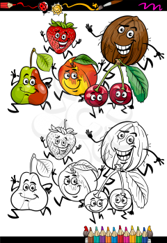 Coloring Book or Page Cartoon Illustration of Black and White Funny Running Fruits Set for Children