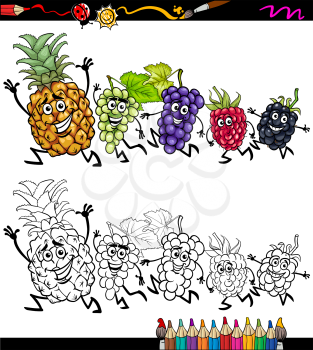Coloring Book or Page Cartoon Illustration of Black and White Funny Running Fruits for Children