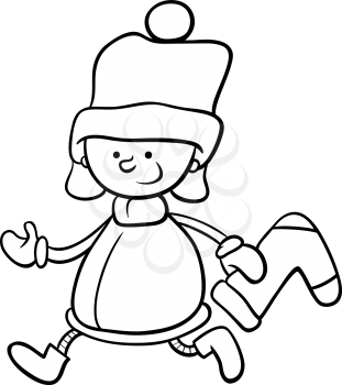 Black and White Cartoon Illustration of Santa Claus Boy Character with Christmas Sock for Coloring Book