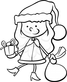 Black and White Cartoon Illustration of Santa Claus Girl Character with Christmas Present and Bag of Gifts for Coloring Book