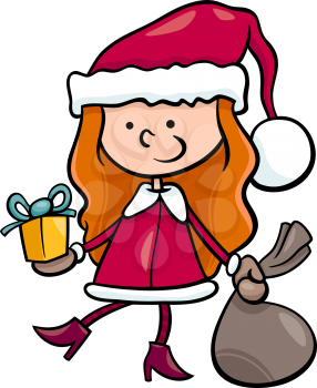 Cartoon Illustration of Santa Claus Girl Character with Christmas Present and Bag of Gifts