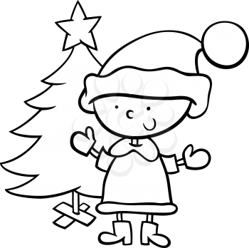 Black and White Cartoon Illustration of Santa Claus Boy Character with Christmas Tree for Coloring Book