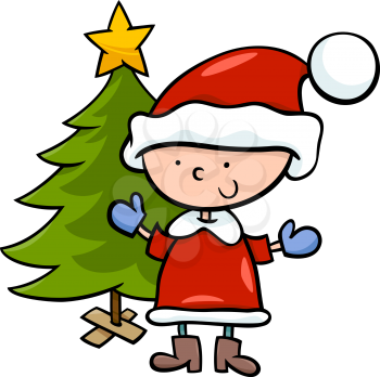 Cartoon Illustration of Santa Claus Boy Character with Christmas Tree