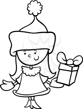 Black and White Cartoon Illustration of Santa Claus Girl Character with Christmas Gifts for Coloring Book