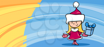 Greeting Card Cartoon Illustration of Cute Girl in Santa Claus Costume with Present on Christmas