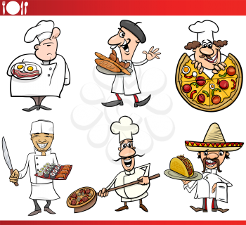 Cartoon Illustration of Funny International Cuisine Chefs with Food Dishes