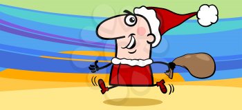 Greeting Card Cartoon Illustration of Running Santa Claus with Sack of Christmas Presents