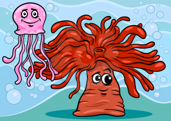 Cartoon Illustrations of Funny Anemone and Jellyfish Sea Life Animal Characters