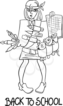 Black and White Cartoon Humorous Illustration of Teenage Girl Student Coming Back to School for Coloring Book