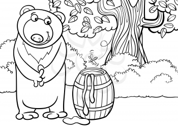 Black and White Cartoon illustration of Cute Bear with Barrel of Honey in the Forest for Coloring Book