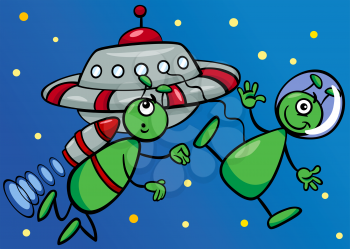 Cartoon Illustration of Two Aliens or Martians Characters in Space with Ufo Ship