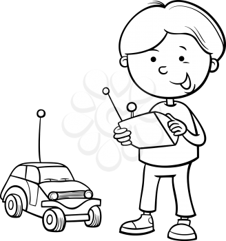 Black and White Cartoon Illustration of Cute Boy with Remote Toy Car for Coloring Book