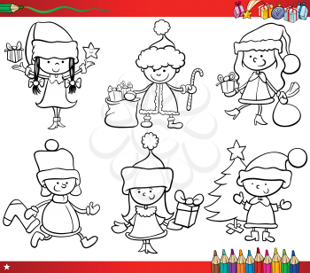 Coloring Book Cartoon Illustration of Black and White Christmas Themes Set with Children in Santa Claus Costumes