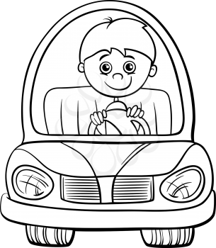 Black and White Cartoon Illustration of Cute Boy in Toy Electric Car for Coloring Book