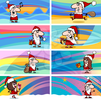 Cartoon Illustration of Greeting Cards with Santa Claus or Papa Noel and Christmas Celebration Themes Set
