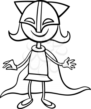 Black and White Cartoon Illustration of Cute Girl in Superhero Costume for Coloring Book