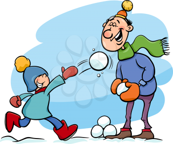 Cartoon Illustration of Father and Little Son Throwing Snowballs and Having Fun on Winter Time 