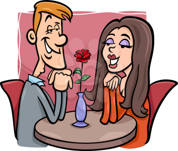 Cartoon Illustration of Young Couple in Love in the Restaurant or Cafe