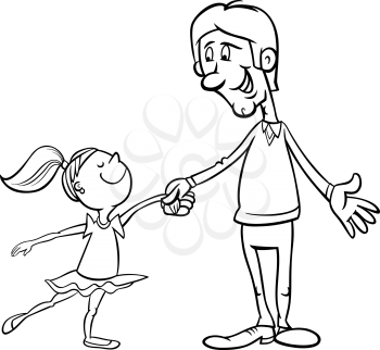 Black and White Cartoon Illustration of Father and Little Daughter Dancing Ballet for Coloring Book