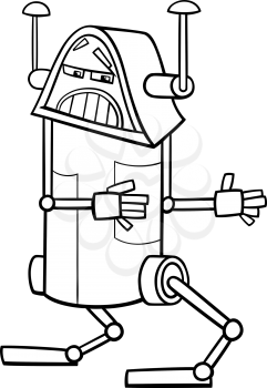 Black and White Cartoon Illustration of Funny Fantasy Robot Character for Coloring Book