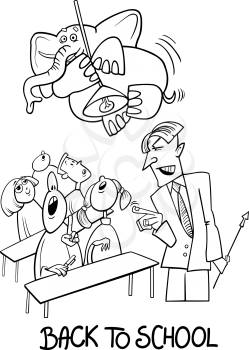 Black and White Cartoon Humorous Illustration of Teenagers Students in the Classroom with Angry Teacher and Elephant on the Lamp for Coloring Book