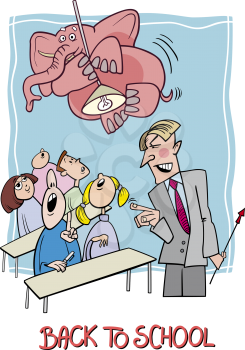 Cartoon Humorous Illustration of Teenagers Students in the Classroom with Angry Teacher and Elephant on the Lamp