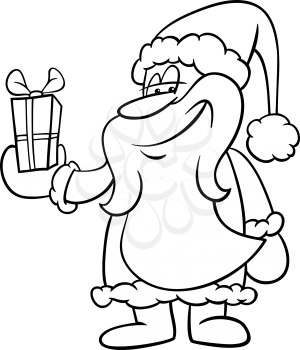 Black and White Cartoon Illustration of Santa Claus Character with Christmas Present for Coloring Book