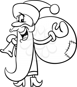 Black and White Cartoon Illustration of Santa Claus Character with Sack of Christmas Presents for Coloring Book
