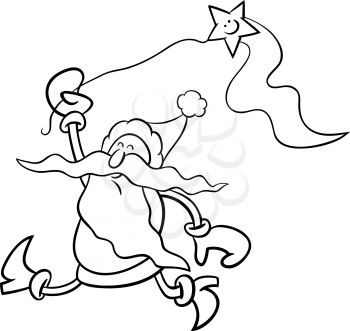 Black and White Cartoon Illustration of Santa Claus Character with Christmas Star for Coloring Book