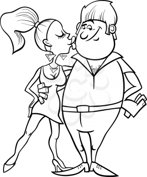 Black and White Cartoon Illustration of Eccentric Couple in Love