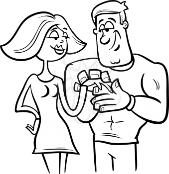 Black and White Cartoon Illustration of Funny Couple in Love