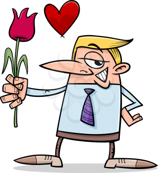 Cartoon Illustration of Funny Man in Love with Flower