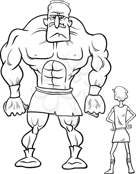 Black and White Cartoon Concept Illustration of David and Goliath Myth or Saying for Coloring Book