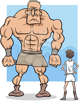Cartoon Concept Illustration of David and Goliath Myth or Saying