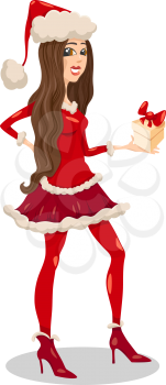 Cartoon Illustration of Beautiful Girl or Woman in Santa Claus Costume with present on Christmas Time